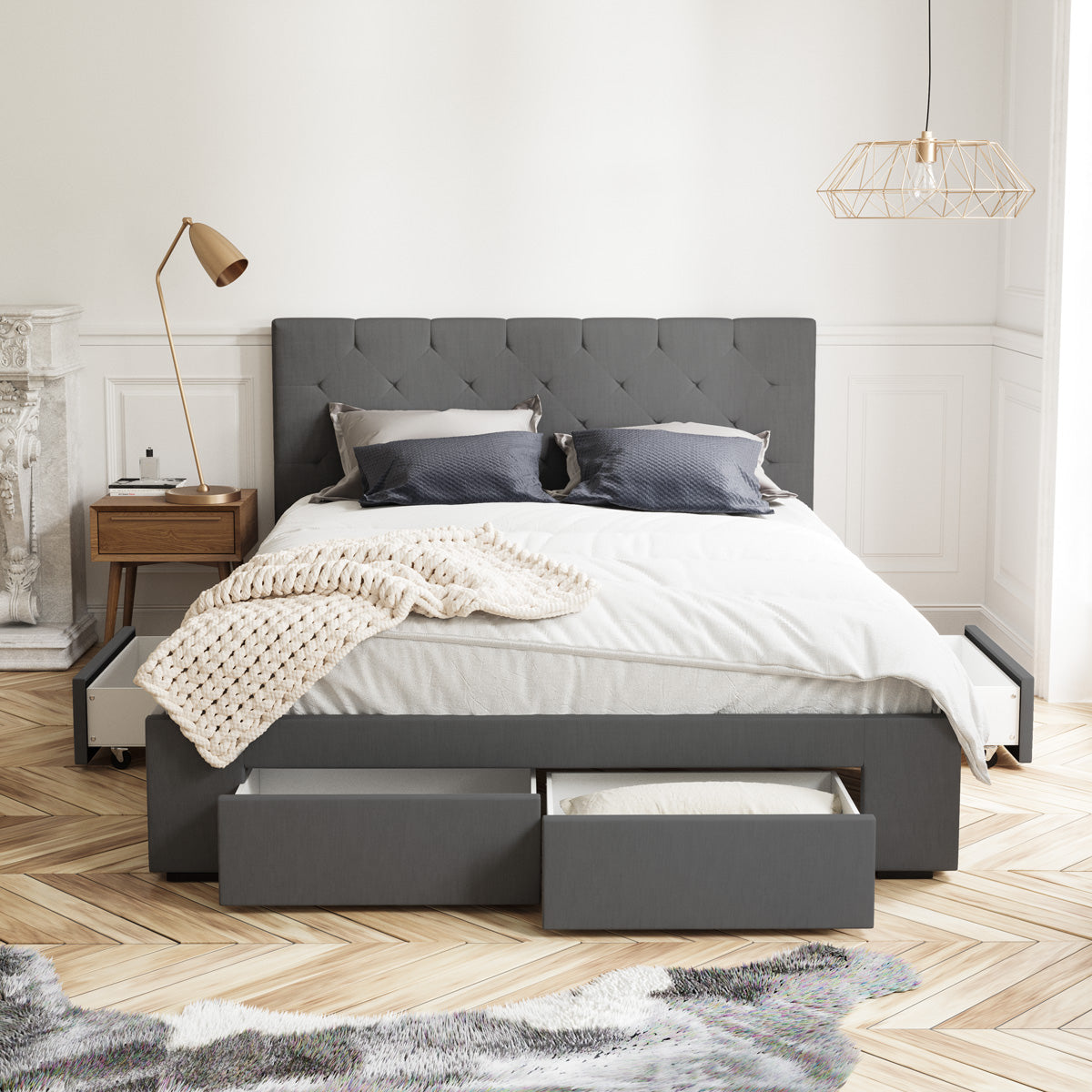 Webster Bed Frame with Four Storage Drawers (Charcoal Fabric)