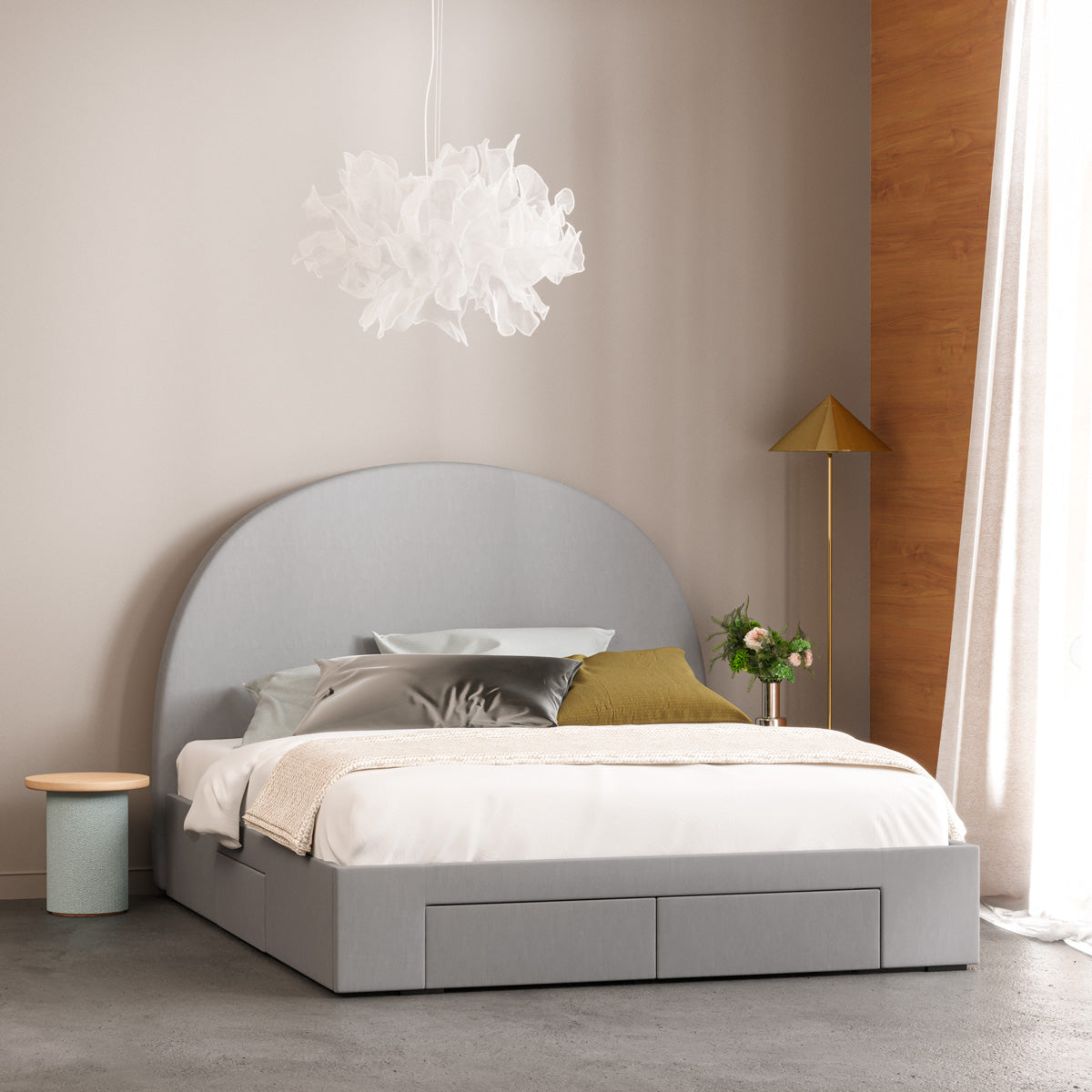 Arch Bed Frame with Four Storage Drawers (Grey Fabric)