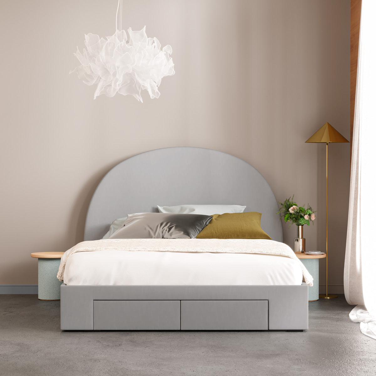 Arch Bed Frame with Four Storage Drawers (Grey Fabric)