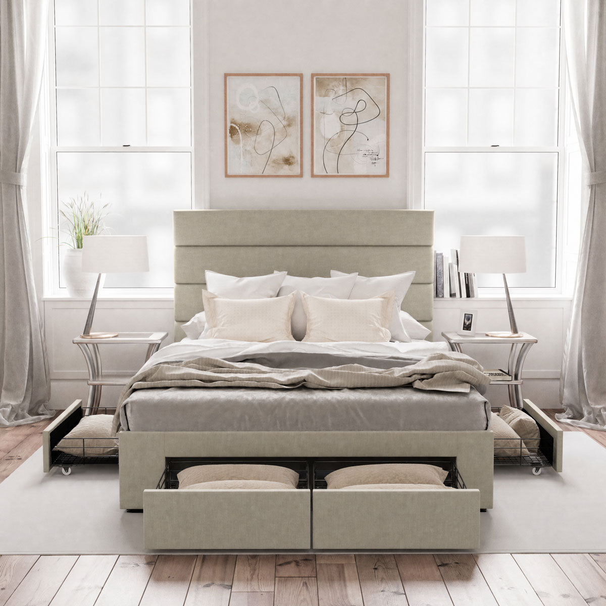 Benny Bed Frame with Four Storage Drawers (Natural Beige Fabric)