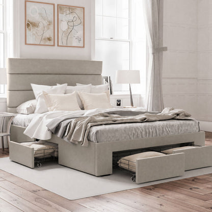 Benny Bed Frame with Four Storage Drawers (Natural Beige Fabric)