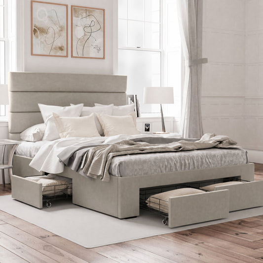 Benny Bed Frame with Four Storage Drawers (Natural Beige Fabric)