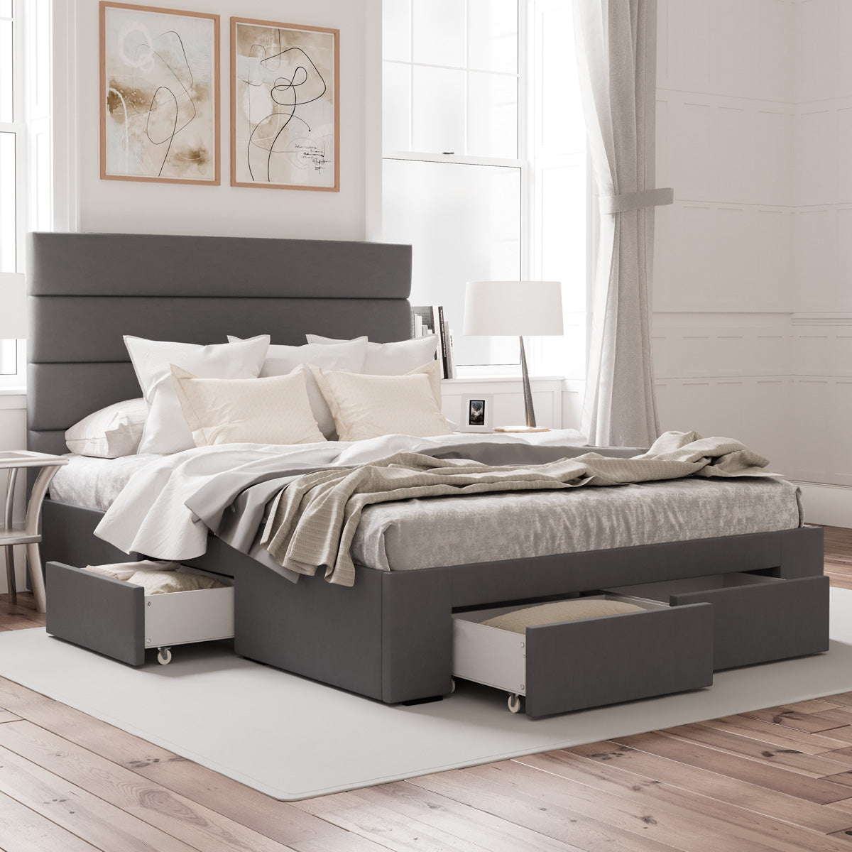 Benny Bed Frame with Four Storage Drawers (Charcoal Fabric)