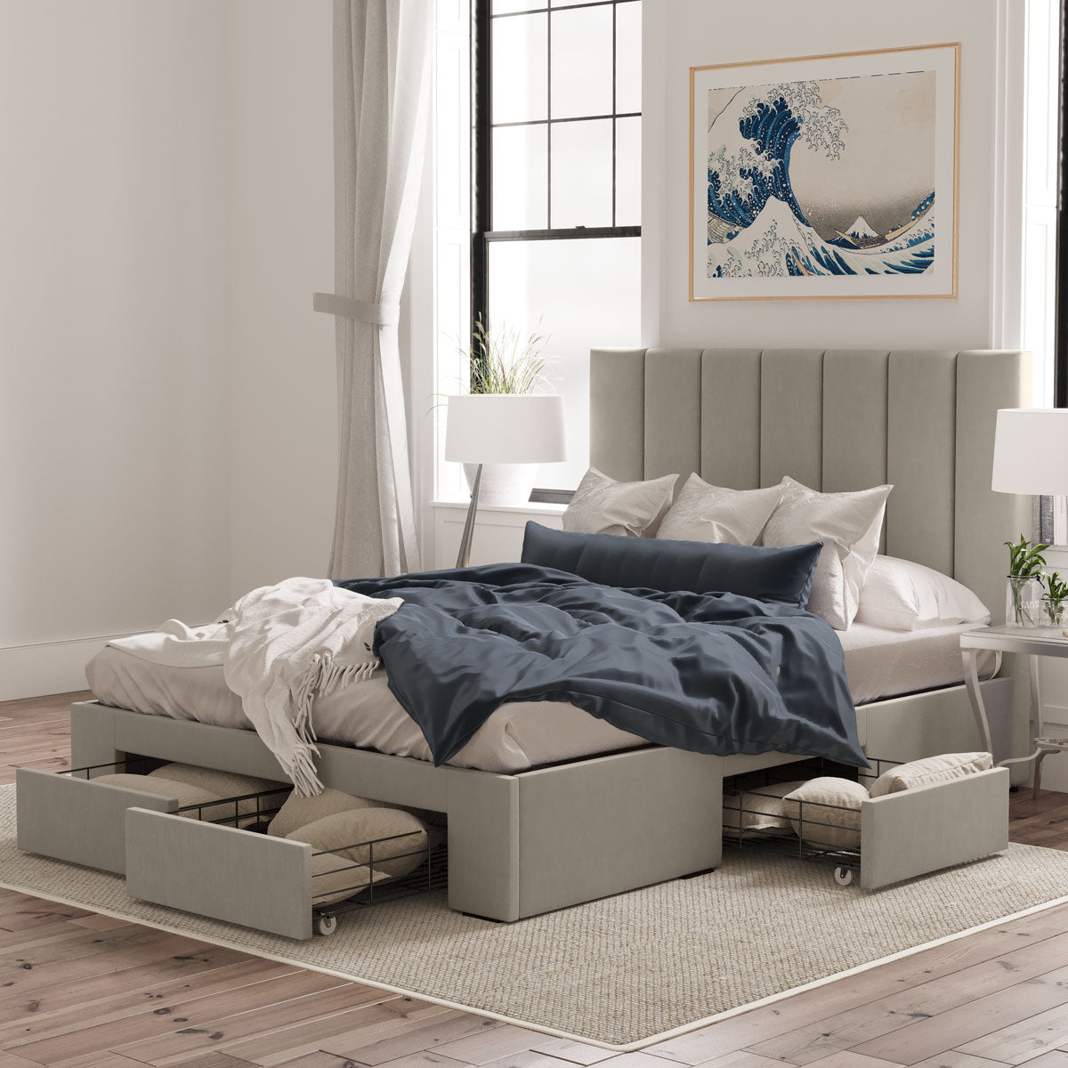 Celine Bed Frame with Four Extra Large Drawers (Natural Beige Fabric)