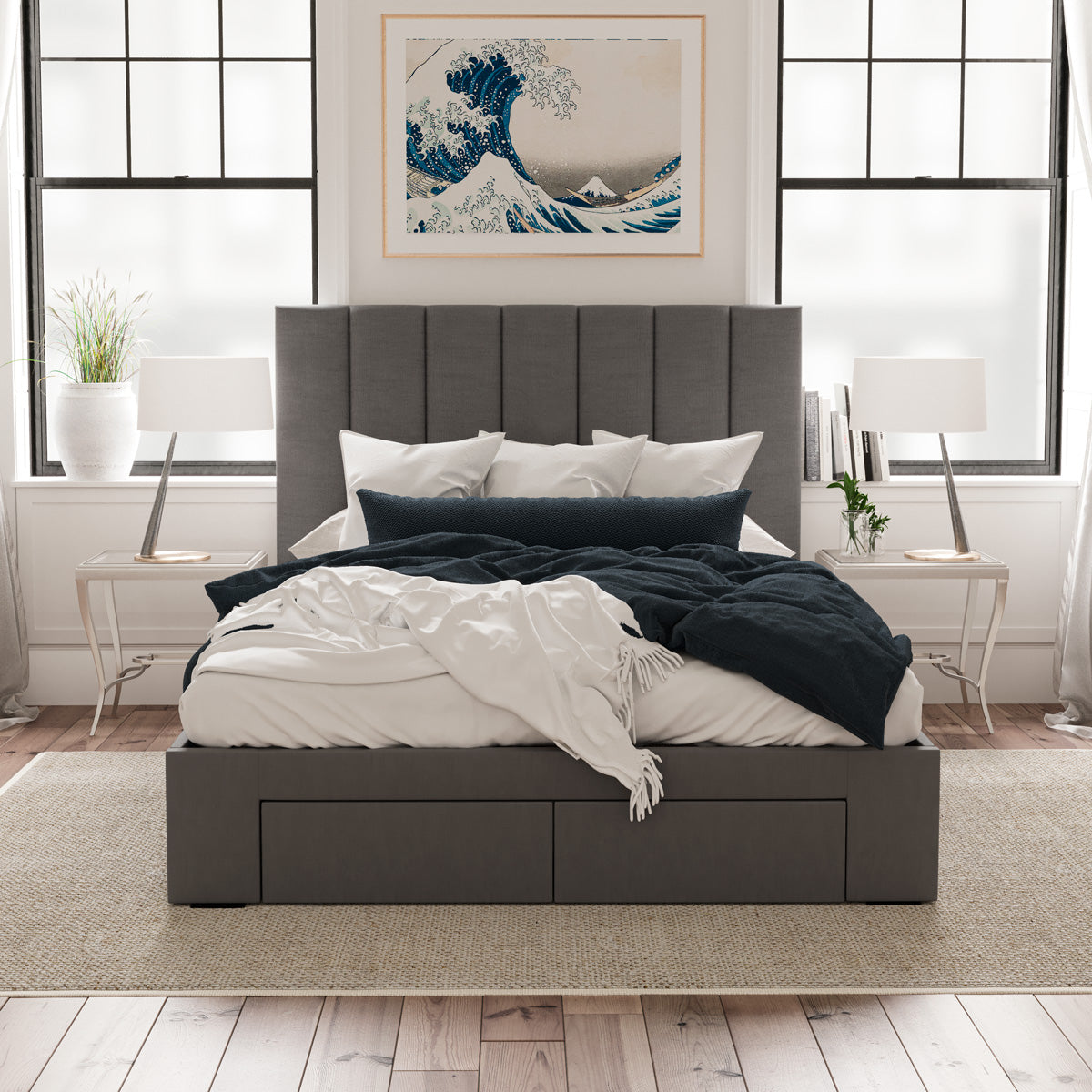 Celine Bed Frame with Four Extra Large Drawers (Charcoal Fabric)