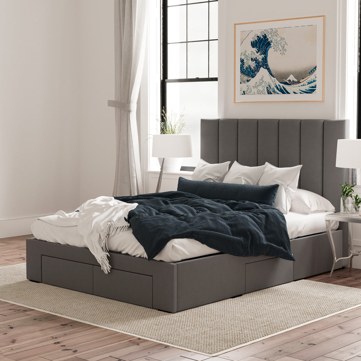 Celine Bed Frame with Four Extra Large Drawers (Charcoal Fabric)