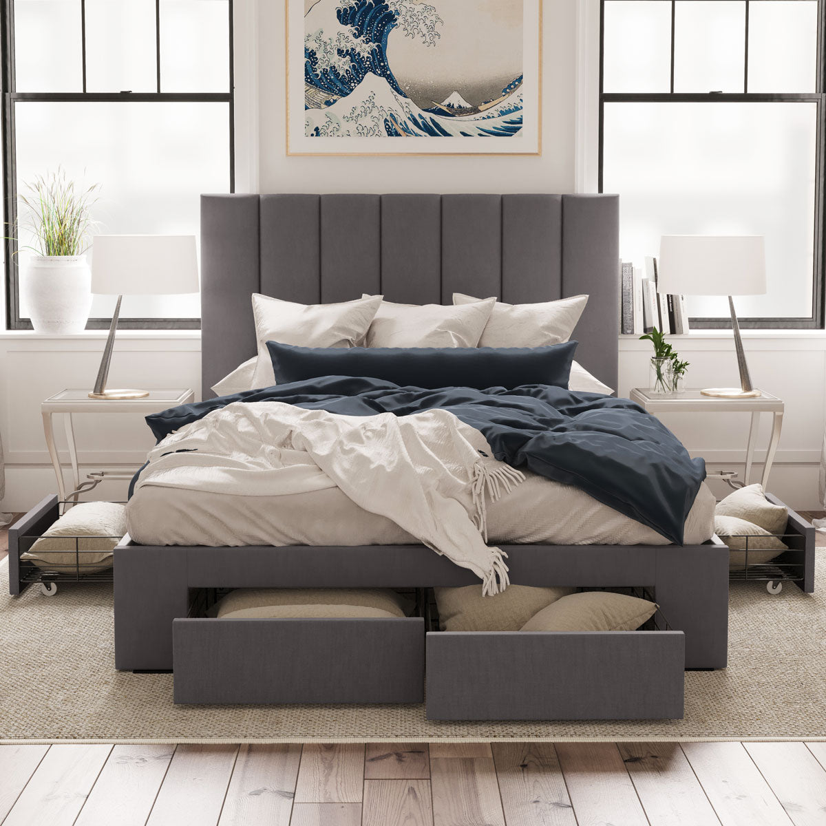 Celine Bed Frame with Four Extra Large Drawers (Charcoal Fabric)