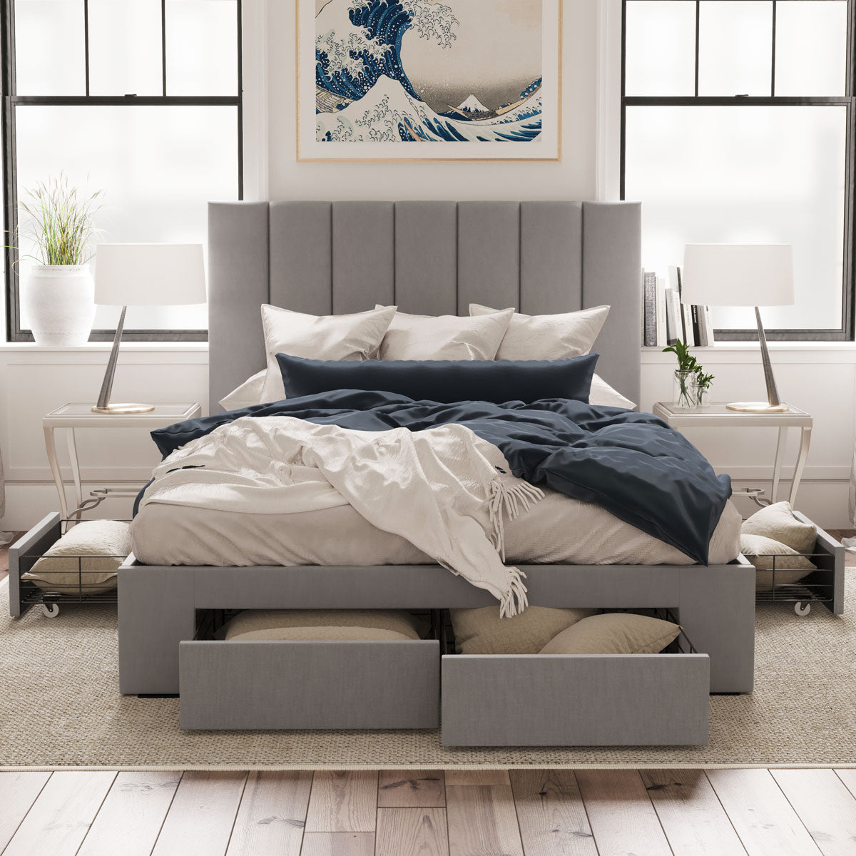 Celine Bed Frame with Four Storage Drawers (Grey Fabric)