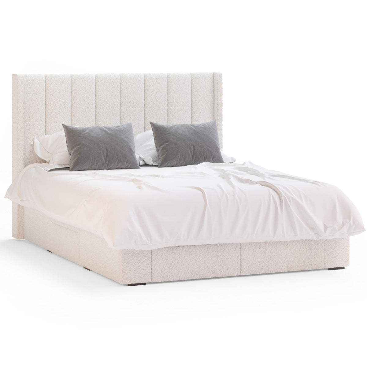 Emilie Winged Storage Bed Frame with Four Extra Large Drawers (Ivory White Boucle Fabric)