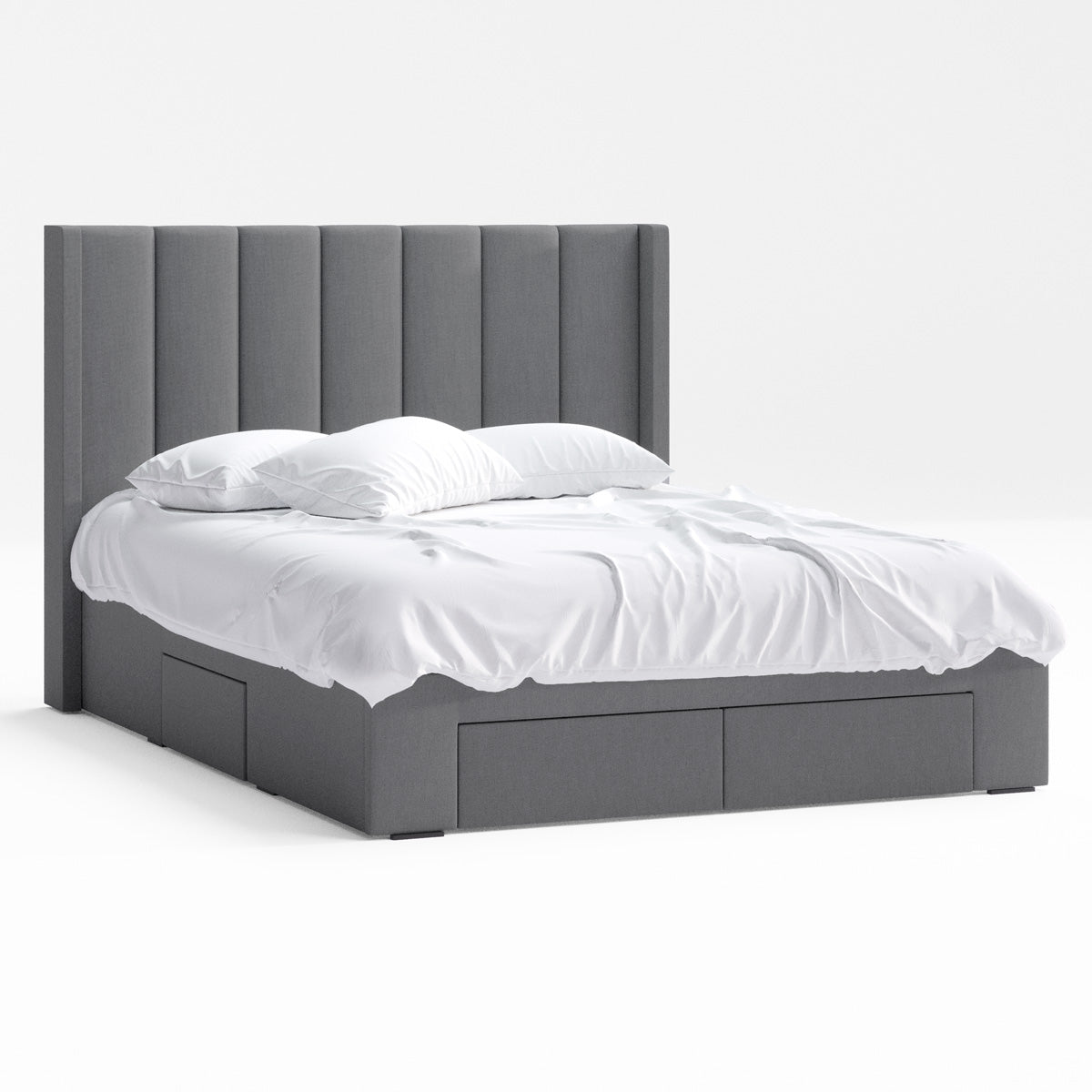 Emilie Winged Bed Frame with Four Storage Drawers (Charcoal Fabric)