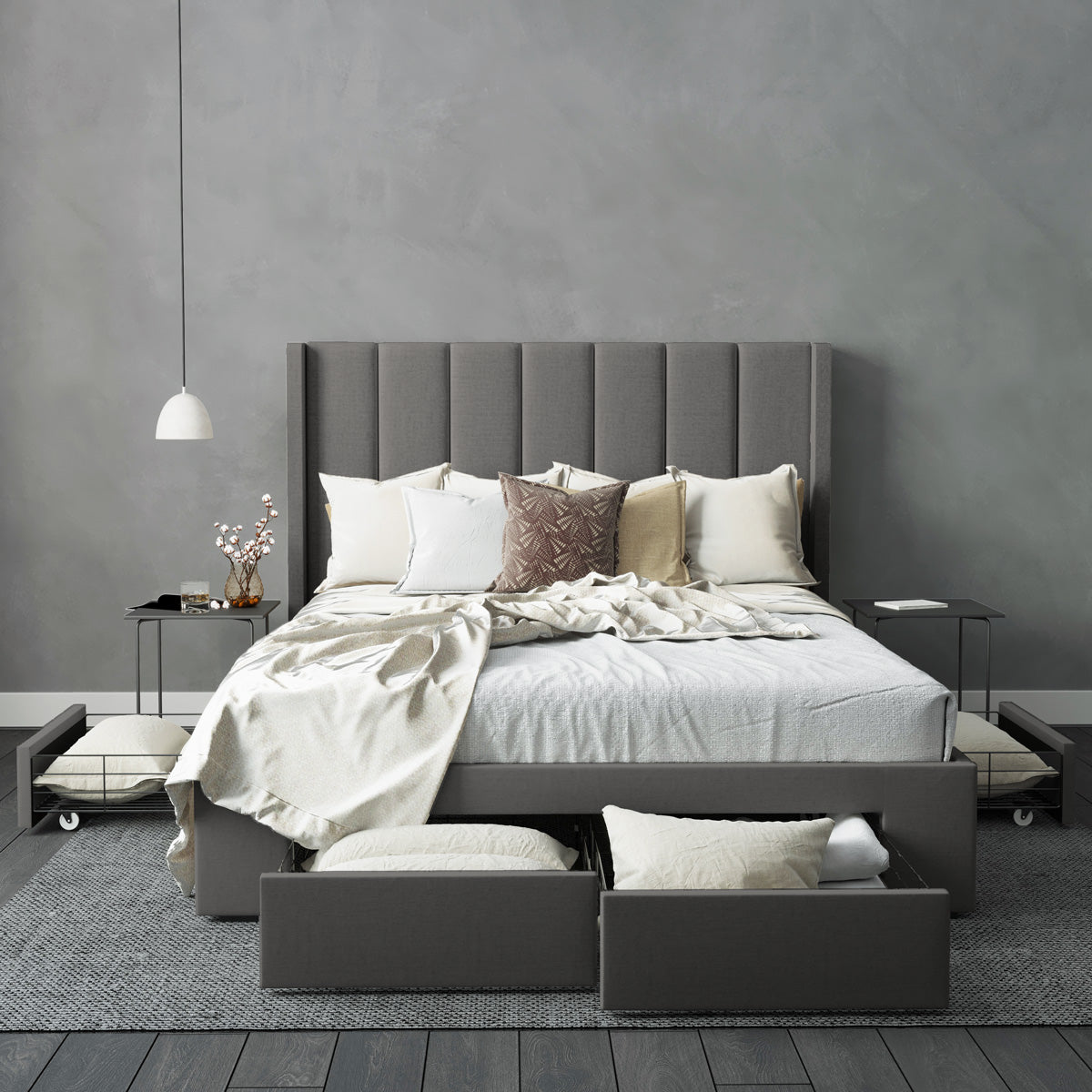 Emilie Winged Bed Frame with Four Storage Drawers (Charcoal Fabric)