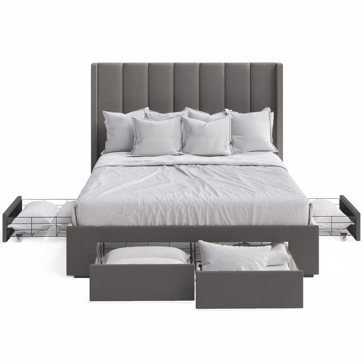 Emilie Winged Bed Frame with Four Storage Drawers (Charcoal Fabric)