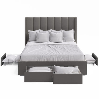 Emilie Winged Bed Frame with Four Storage Drawers (Charcoal Fabric)