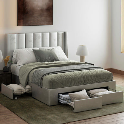 Emilie Winged Storage Bed Frame with Four Extra Large Drawers (Taupe White Velvet)