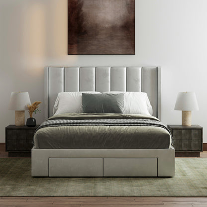 Emilie Winged Storage Bed Frame with Four Extra Large Drawers (Taupe White Velvet)