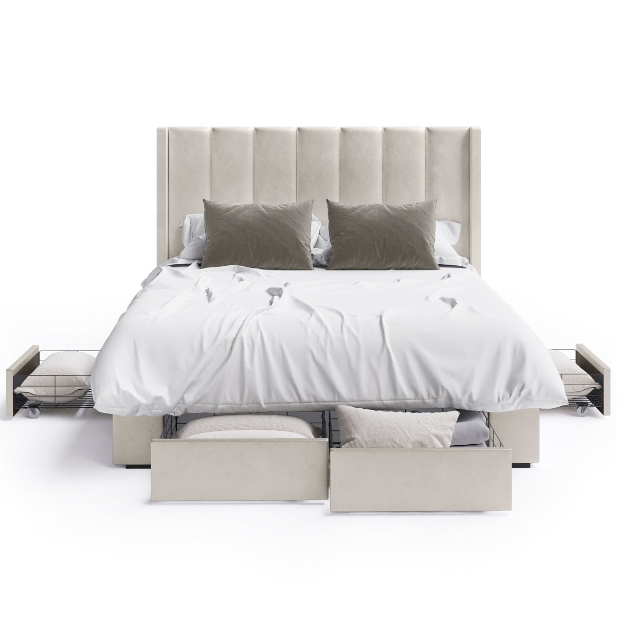 Emilie Winged Storage Bed Frame with Four Extra Large Drawers (Taupe White Velvet)