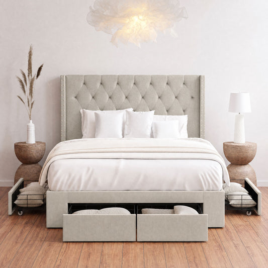 Leonora Wing Bed Frame with Four Storage Drawers (Natural Beige Fabric)