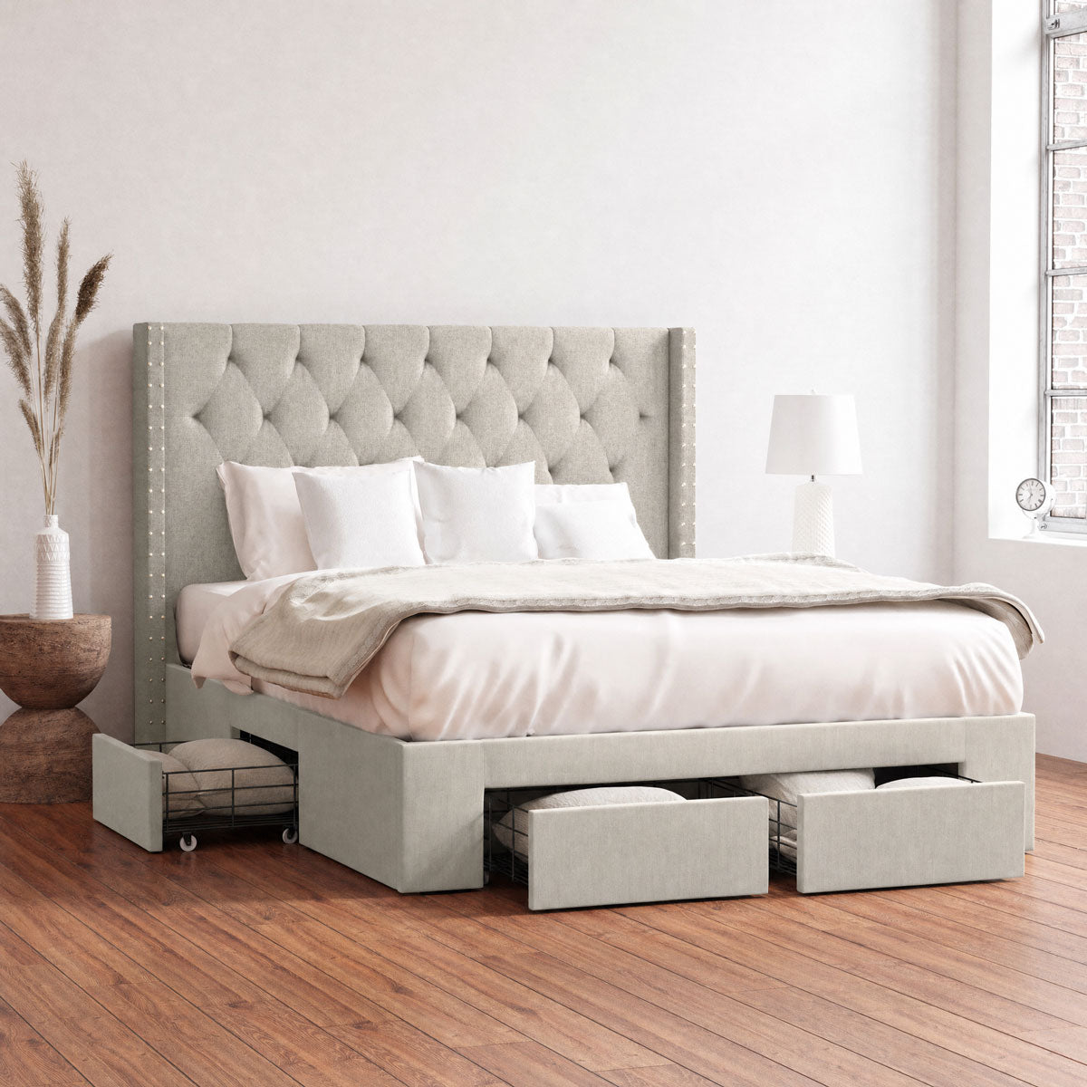 Leonora Wing Bed Frame with Four Storage Drawers (Natural Beige Fabric)
