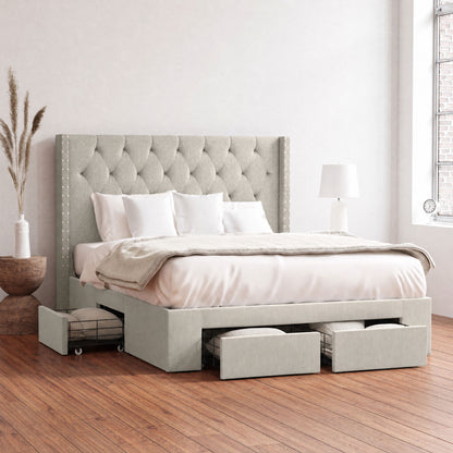 Leonora Wing Bed Frame with Four Storage Drawers (Natural Beige Fabric)