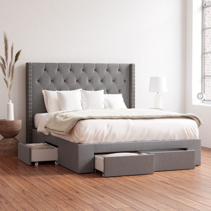 Leonora Wing Bed Frame with Four Storage Drawers (Charcoal Fabric)