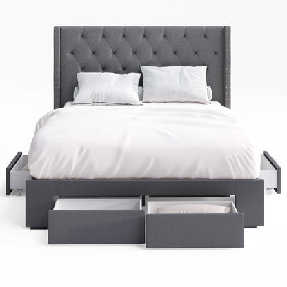 Leonora Wing Bed Frame with Four Storage Drawers (Charcoal Fabric)