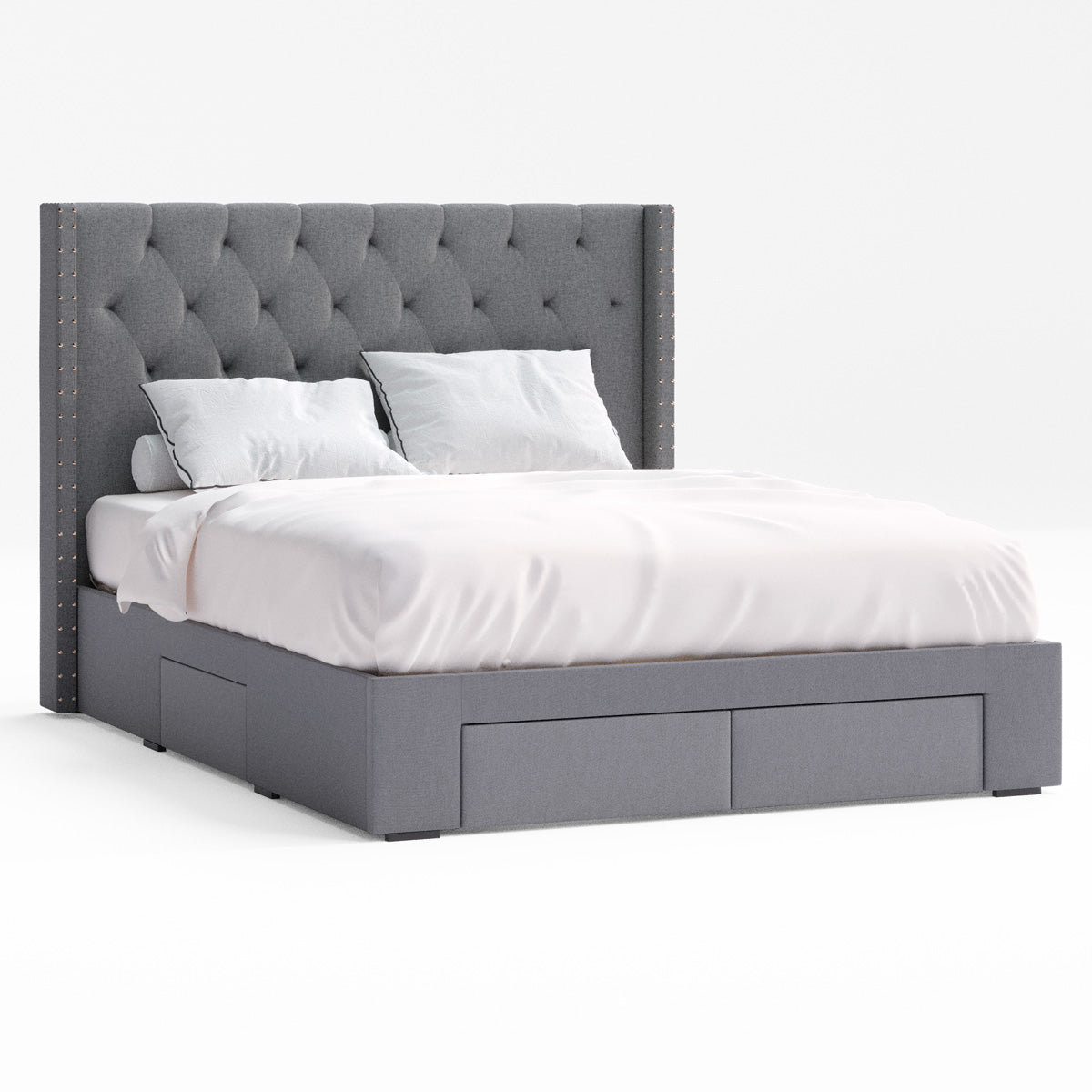 Leonora Wing Bed Frame with Four Storage Drawers (Charcoal Fabric)