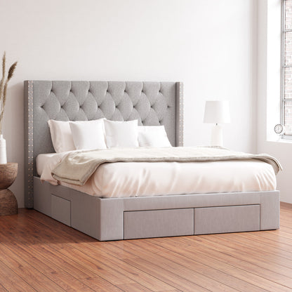 Leonora Wing Bed Frame with Four Storage Drawers (Grey Fabric)