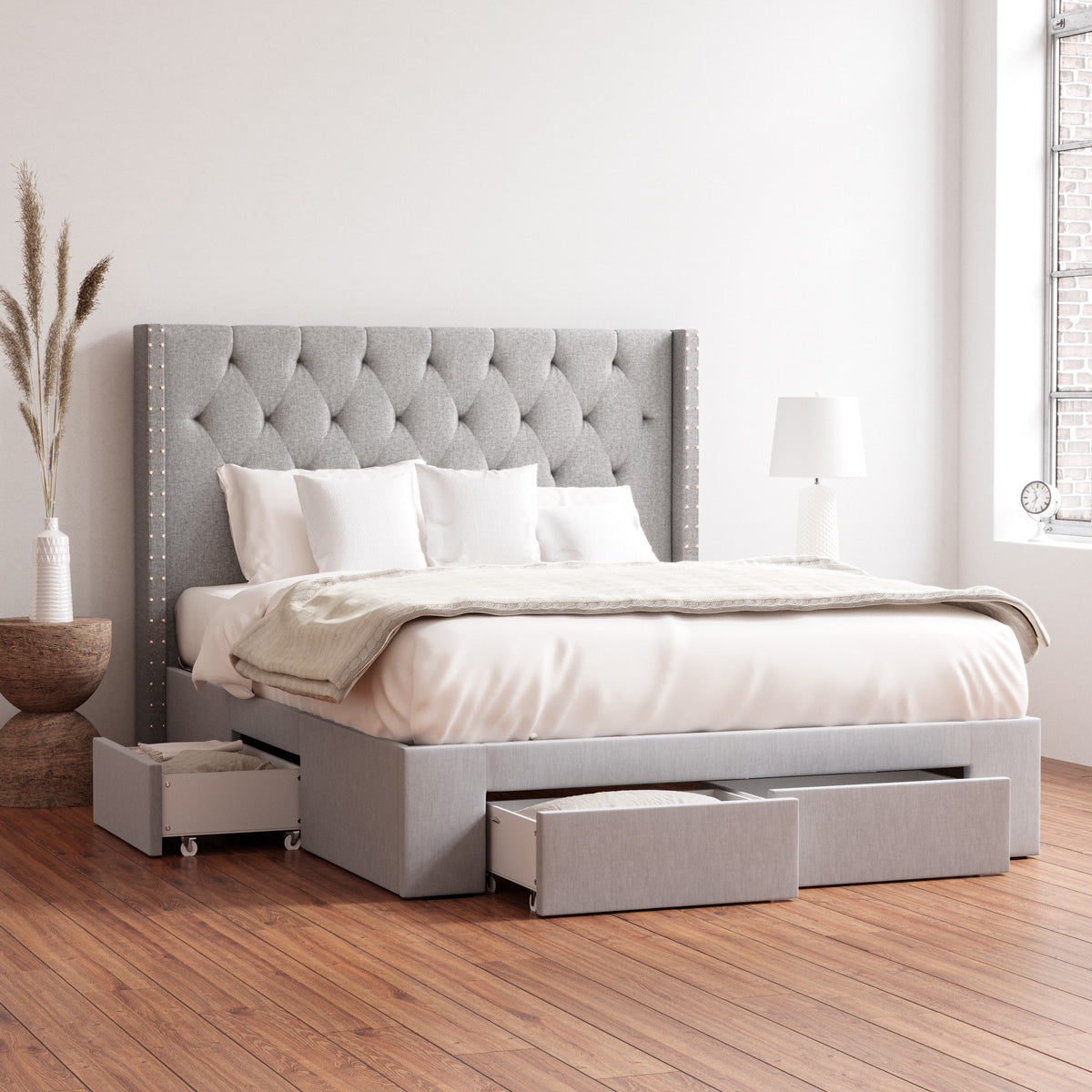 Leonora Wing Bed Frame with Four Storage Drawers (Grey Fabric)