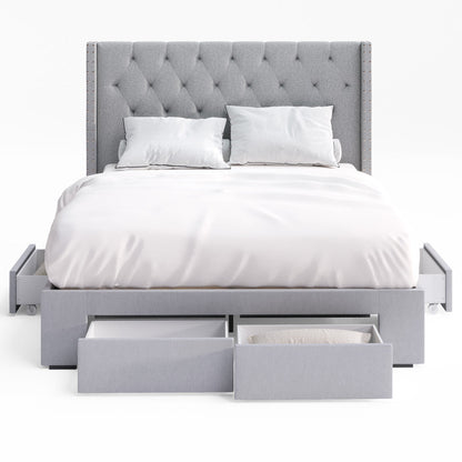 Leonora Wing Bed Frame with Four Storage Drawers (Grey Fabric)