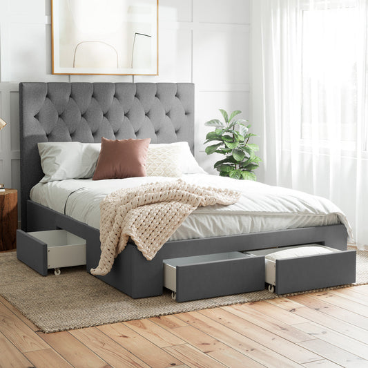 Fenwick Bed Frame with Four Storage Drawers (Charcoal Fabric)