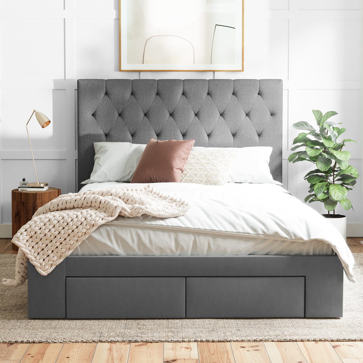 Fenwick Bed Frame with Four Storage Drawers (Charcoal Fabric)