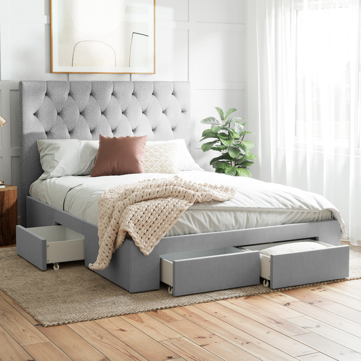 Fenwick Bed Frame with Four Storage Drawers (Grey Fabric)