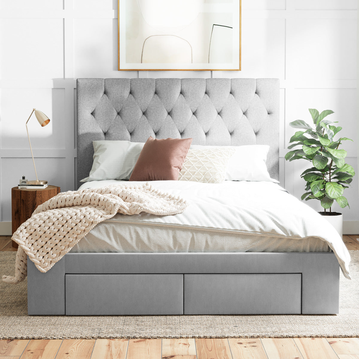 Fenwick Bed Frame with Four Storage Drawers (Grey Fabric)