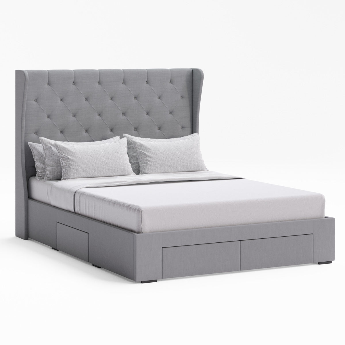 Windsor Winged Bed Frame with Four Storage Drawers (Grey Fabric)