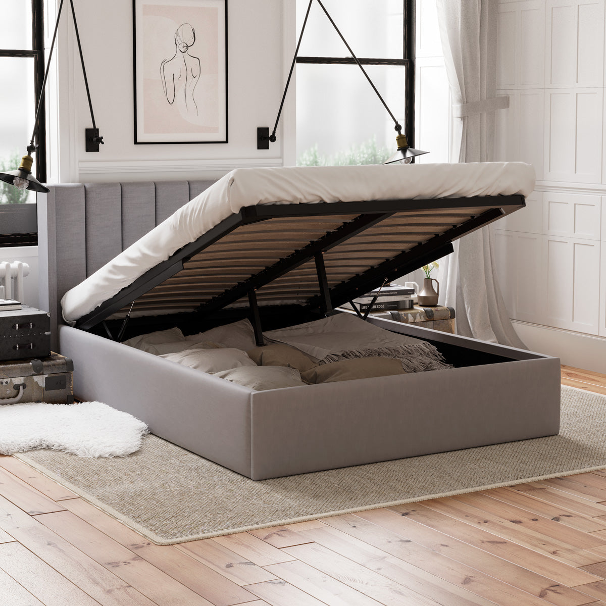 Emilie Gas Lift Storage Wing Bed Frame (Grey Fabric)