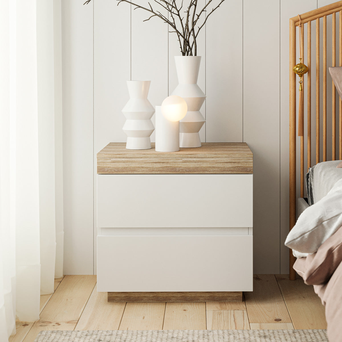 Coastal Wooden Bedside Table With White Drawers (Bondi)