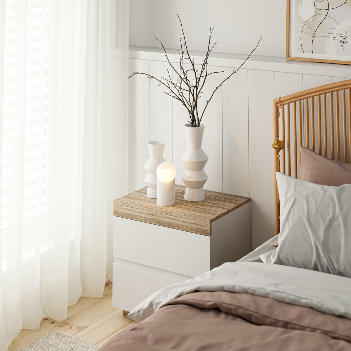 Coastal Wooden Bedside Table With White Drawers (Bondi)