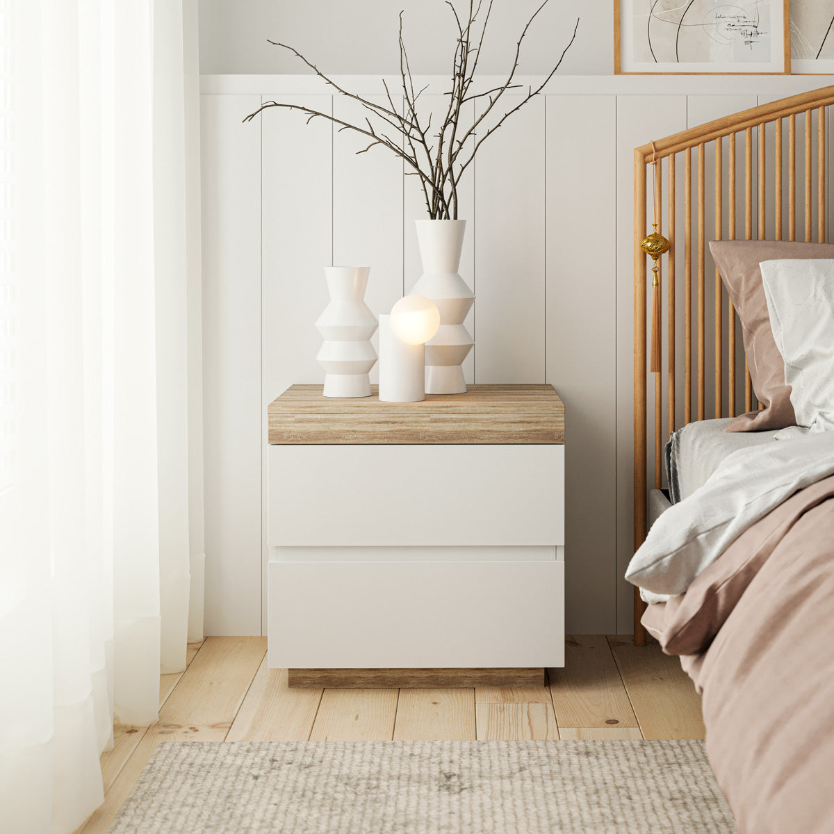 Coastal Wooden Bedside Table With White Drawers (Bondi)