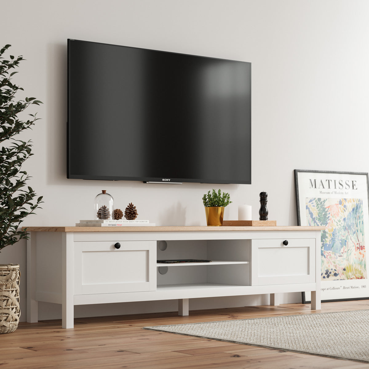 Country Farmhouse White TV Unit Entertainment Cabinet (160cm Rosedale)