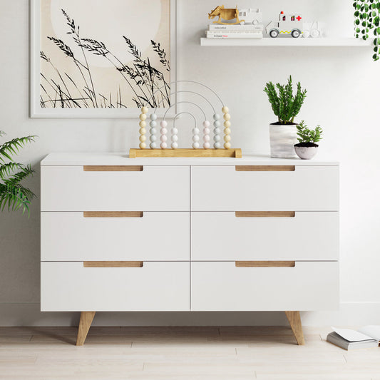 White Six Drawer Wooden Dresser Lowboy Chest with Solid Oak Legs (Olsen)