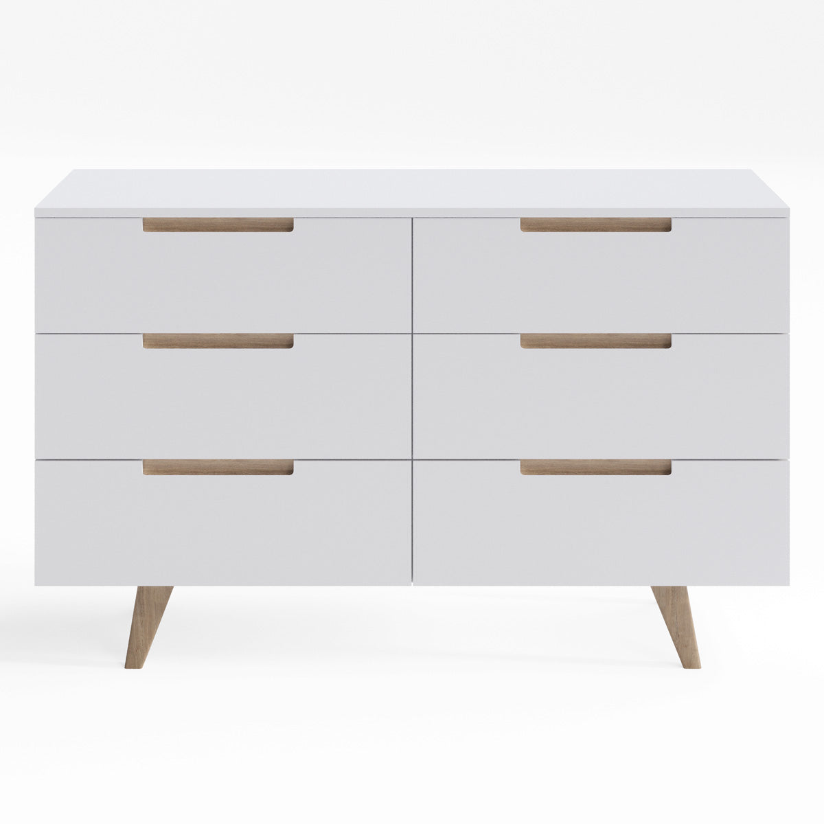 White Six Drawer Wooden Dresser Lowboy Chest with Solid Oak Legs (Olsen)