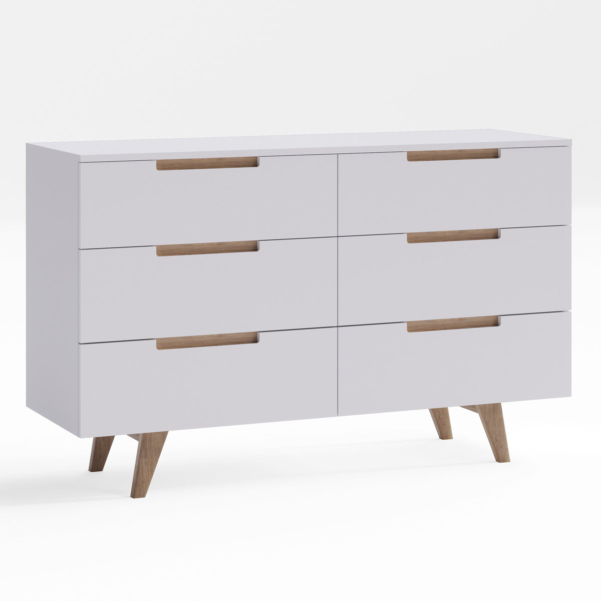 White Six Drawer Wooden Dresser Lowboy Chest with Solid Oak Legs (Olsen)