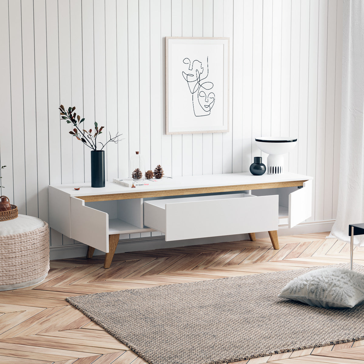 White TV Cabinet Entertainment Unit With Solid Oak Legs (160cm Olsen)