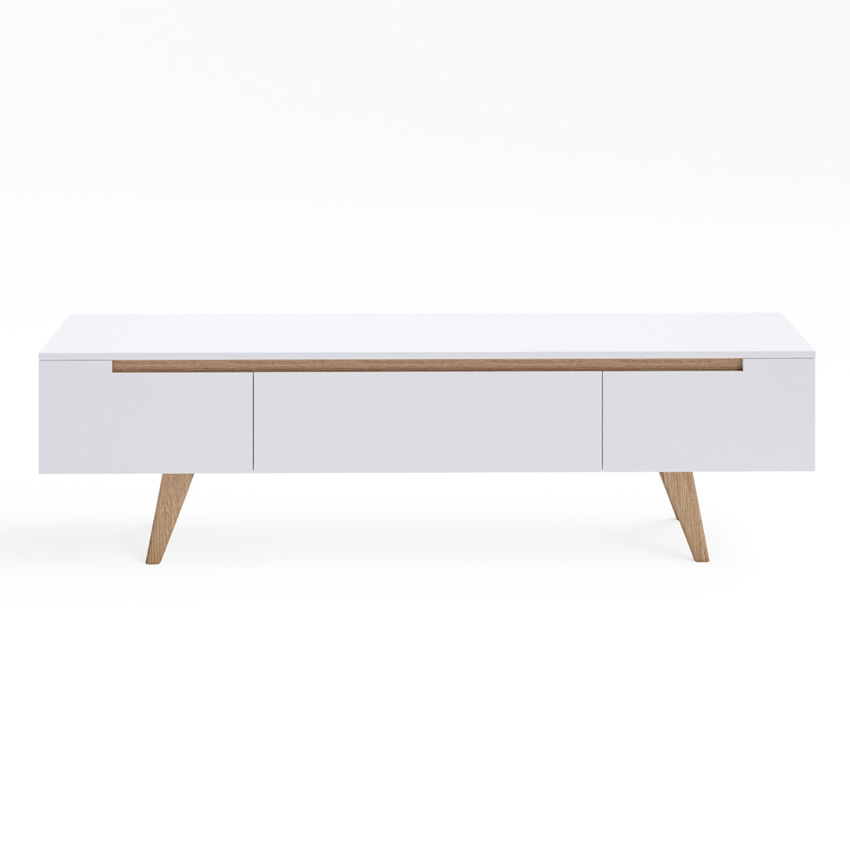 White TV Cabinet Entertainment Unit With Solid Oak Legs (160cm Olsen)