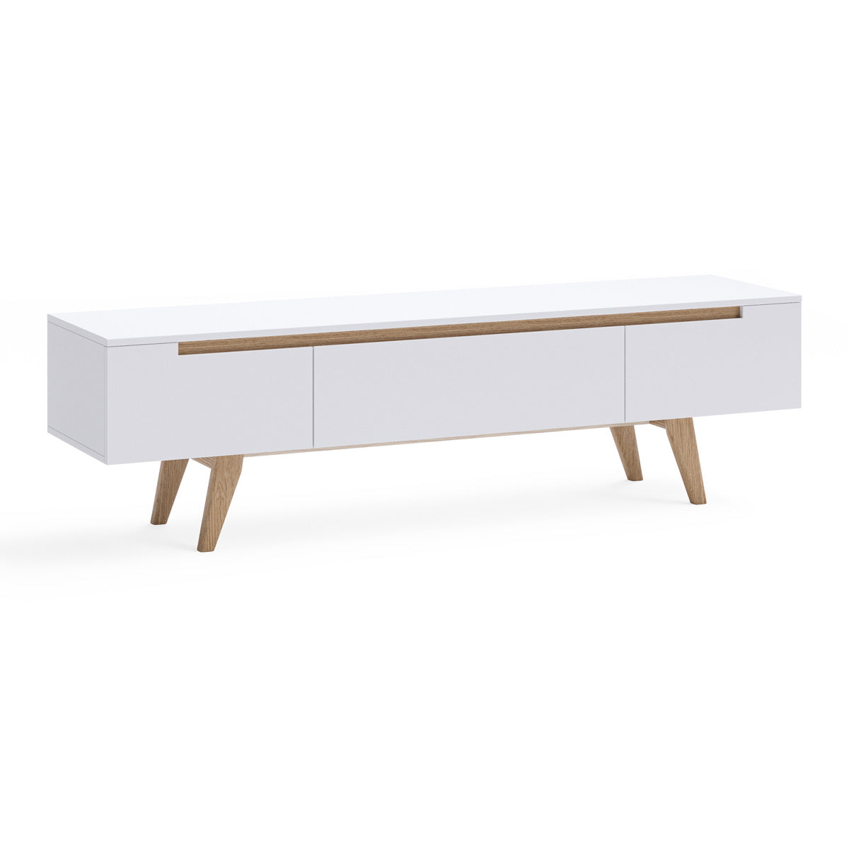 White TV Cabinet Entertainment Unit With Solid Oak Legs (160cm Olsen)