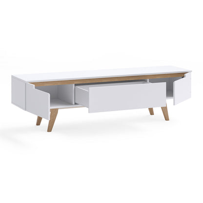 White TV Cabinet Entertainment Unit With Solid Oak Legs (160cm Olsen)