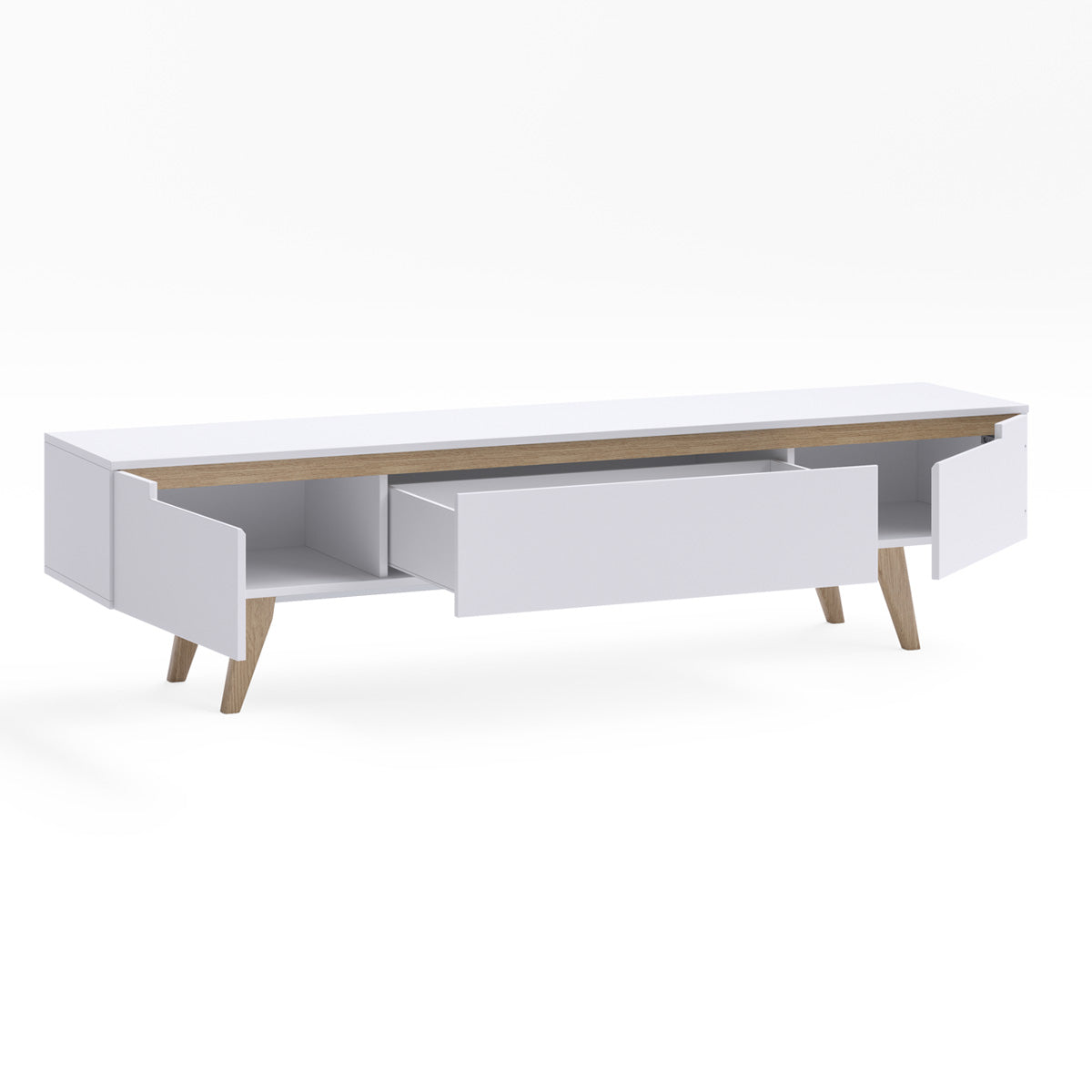 White TV Cabinet Entertainment Unit With Solid Oak Legs (180cm Olsen)