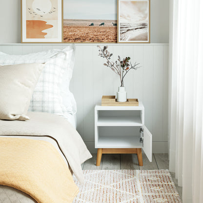 White Wooden Bedside Table with Solid Wood Legs (Aspen)