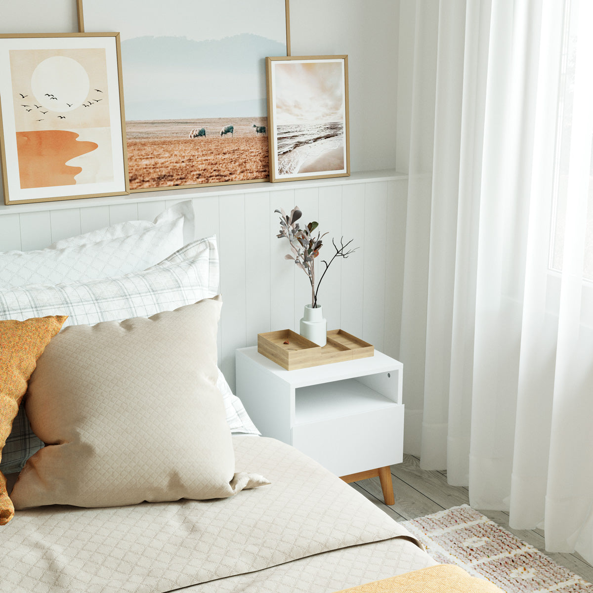 White Wooden Bedside Table with Solid Wood Legs (Aspen)