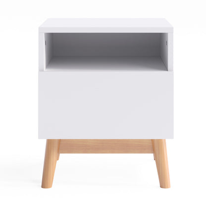 White Wooden Bedside Table with Solid Wood Legs (Aspen)